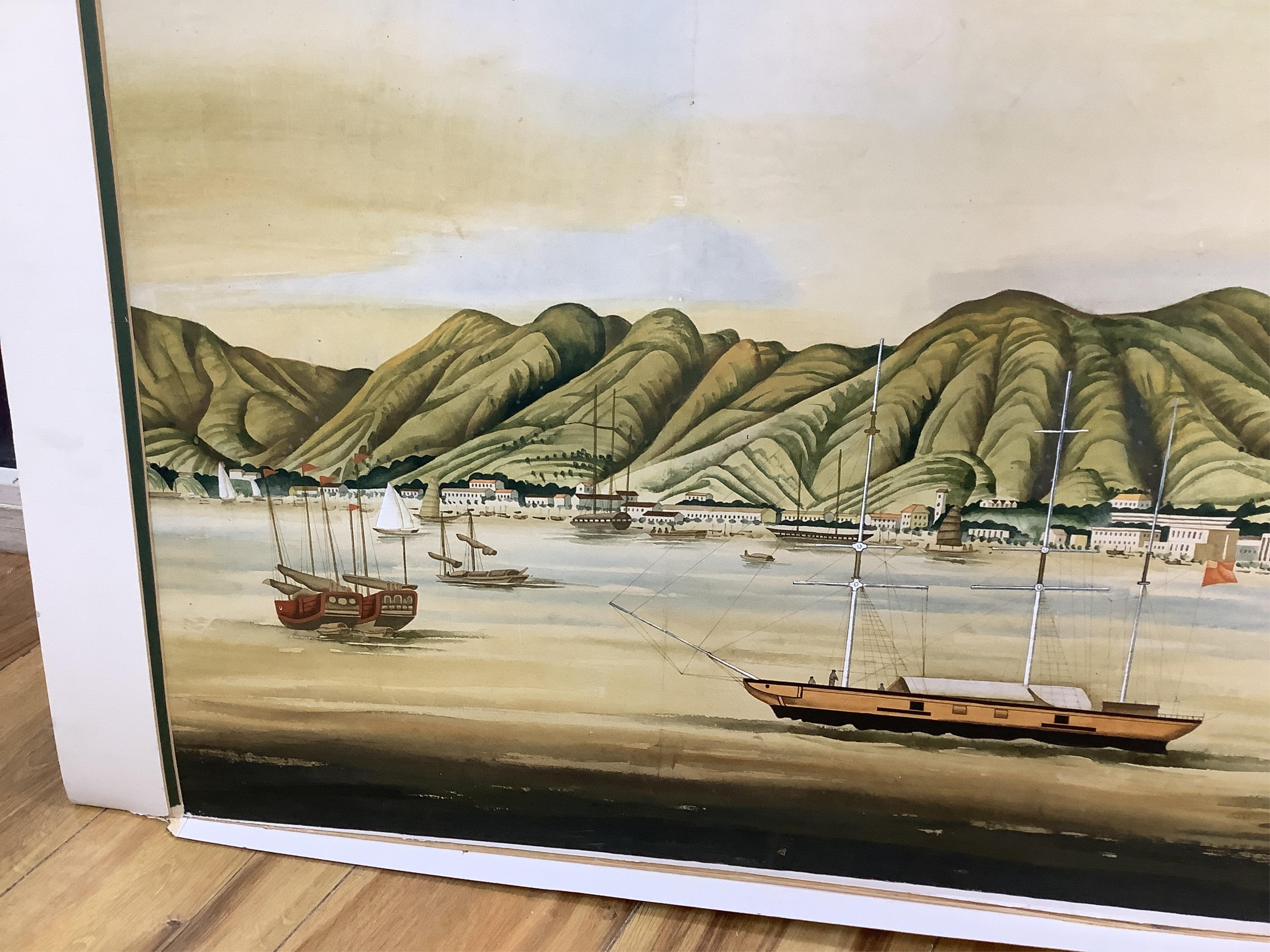 Chinese School, Harbour view with boats and junks, unsigned, gouache, mounted, unframed, 73 x 135cm
